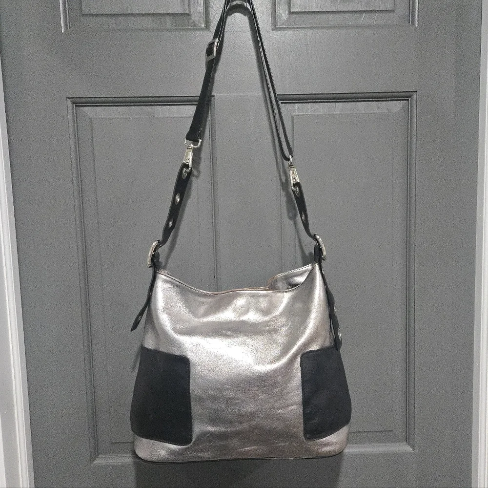 Silver and Black Leather Hobo Bag Purse